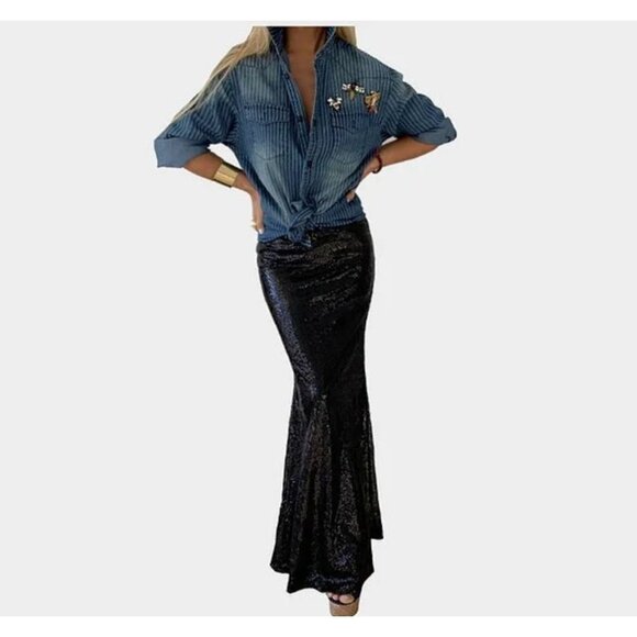 Calypso St Barth Sequin Maxi Skirt Silk Long Party Special Occasion Black XS - Picture 4 of 13